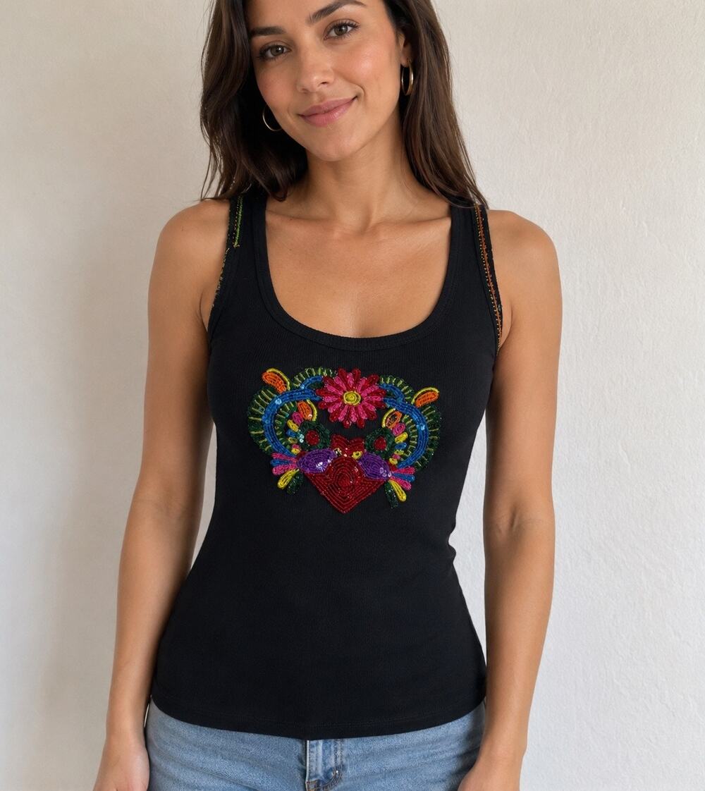 Miss Sixty Y2K Black Ribbed Knit Tank Top Beaded Embroidered Heart Floral Medium